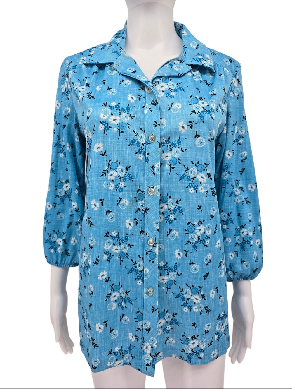 Vintage 70's Floral Women's Button Up Shirt Blue 14